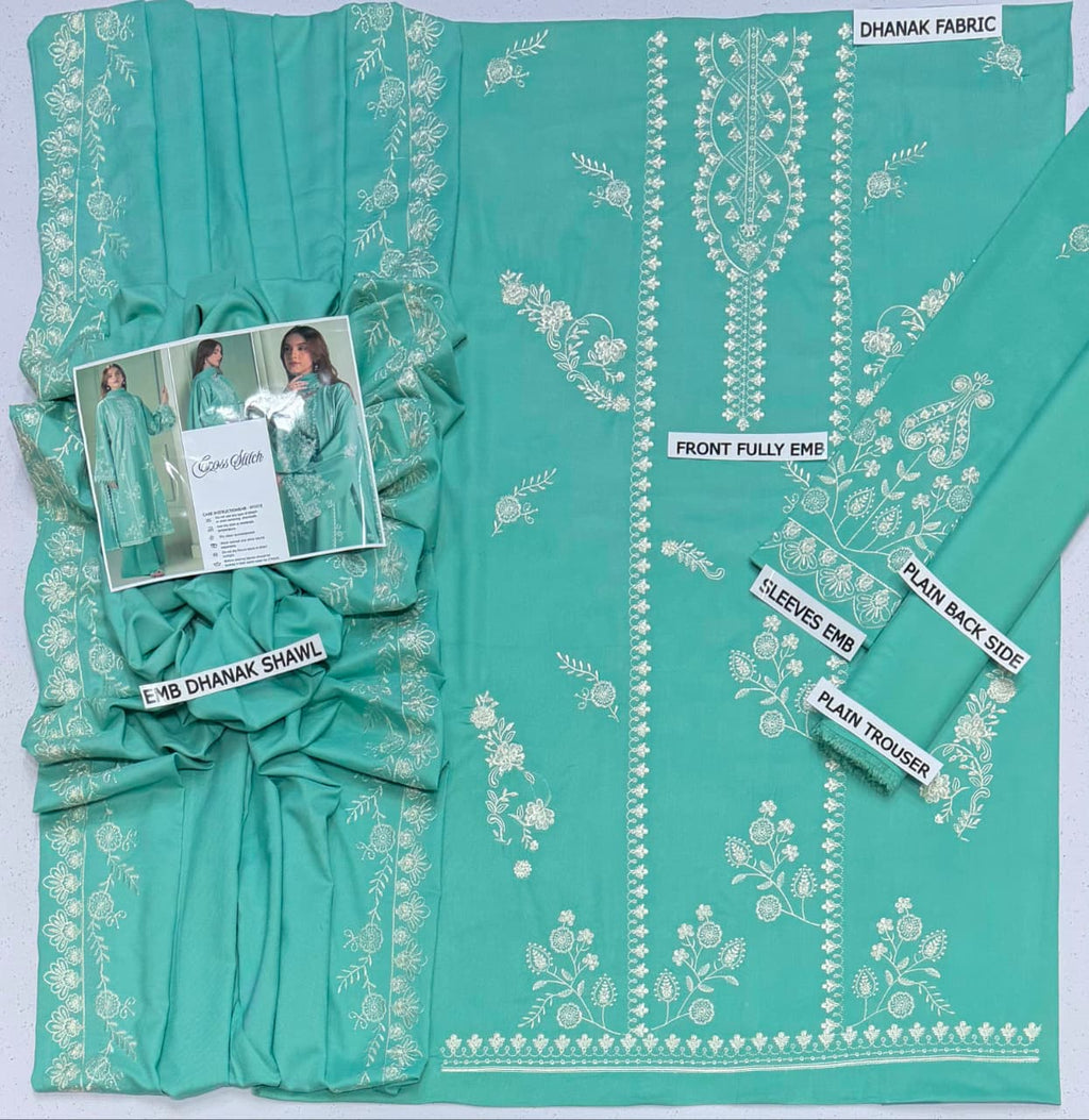 Cross Stitch Embroidered 3 Piece Suit with Dhanak Shawl