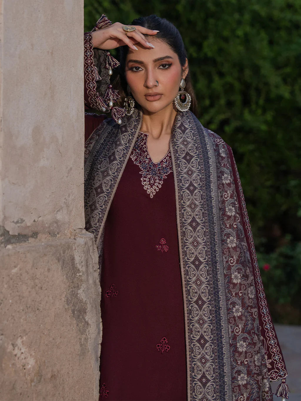 IZEL Dhanak Collection – Embroidered 3 Piece Suit with Printed Wool Shawl