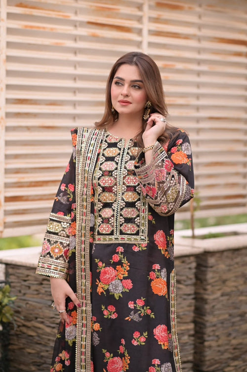 Aneela Mid Summer Silk Collection – Digital Print Embroidered 3 Piece Suit with Silk Dupatta