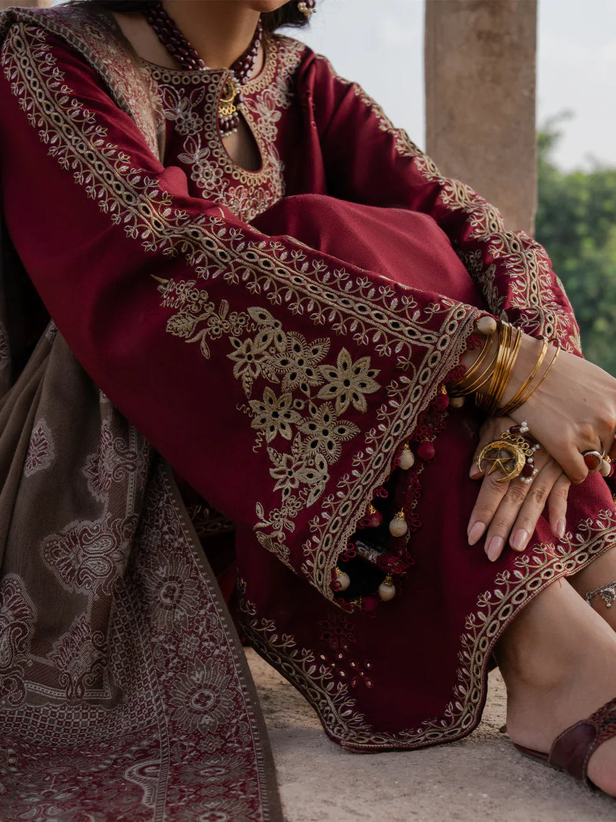 IZEL Dhanak Collection – Embroidered 3 Piece Suit with Printed Wool Shawl