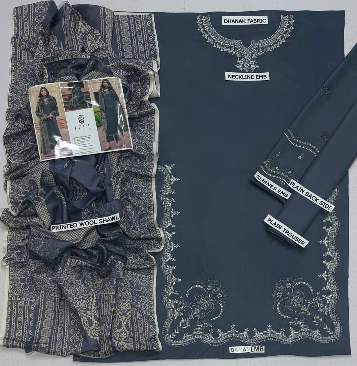 IZEL Dhanak Collection – Embroidered 3 Piece Suit with Printed Wool Shawl