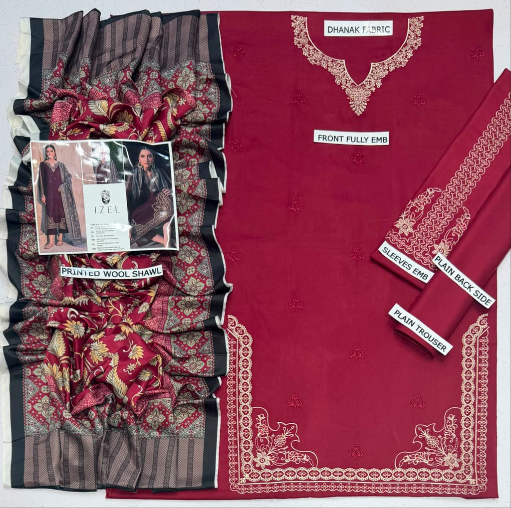 IZEL Dhanak Collection – Embroidered 3 Piece Suit with Printed Wool Shawl
