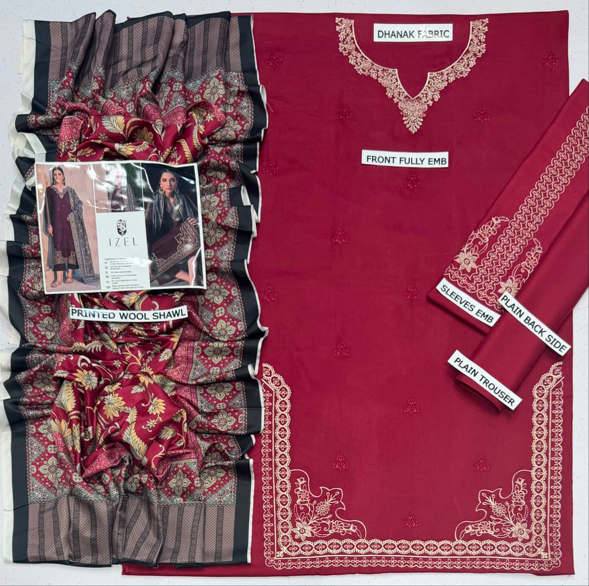 IZEL Dhanak Collection – Embroidered 3 Piece Suit with Printed Wool Shawl