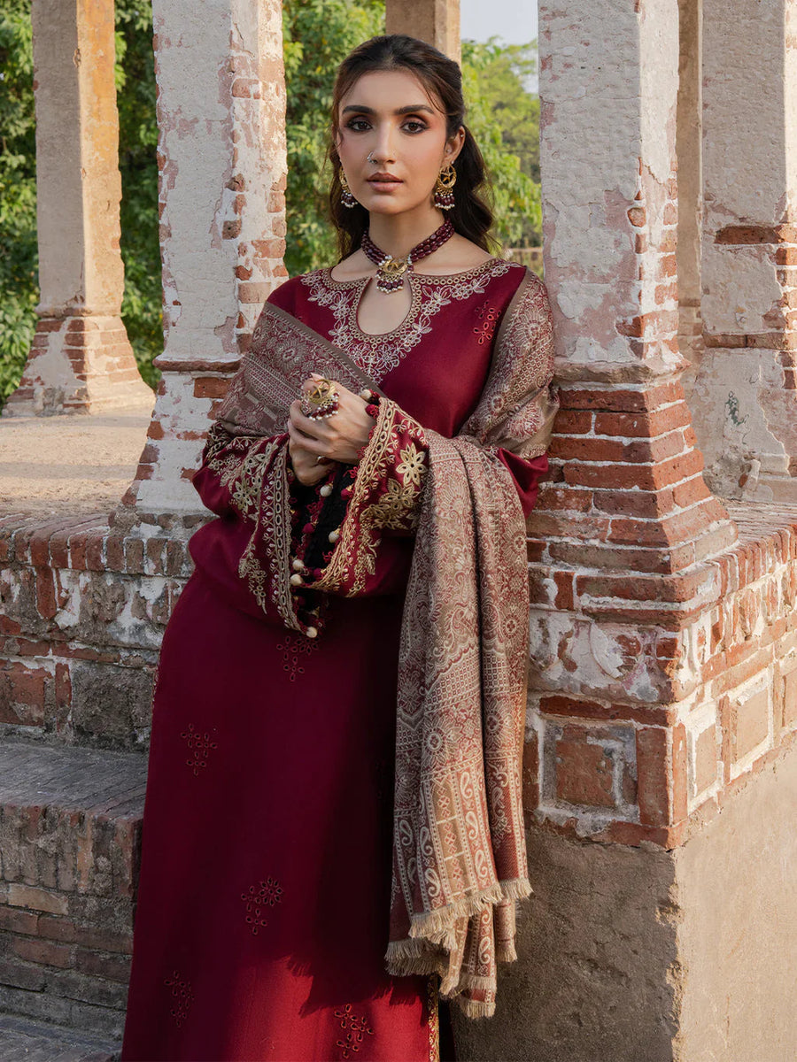 IZEL Dhanak Collection – Embroidered 3 Piece Suit with Printed Wool Shawl