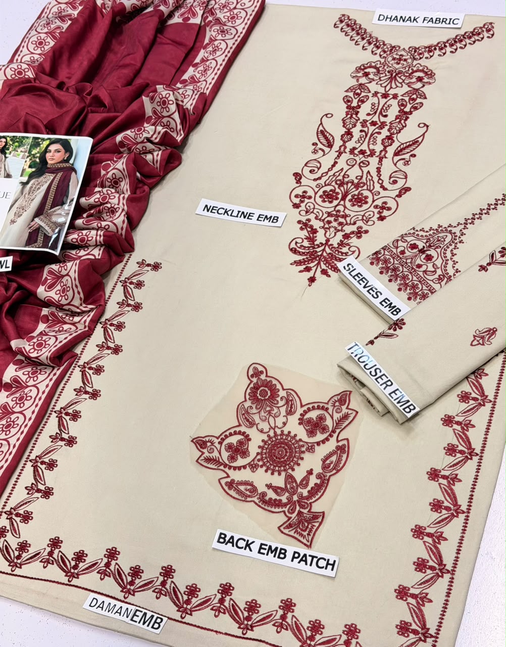 Baroque Dhanak Collection – Embroidered 3 Piece Suit with Printed Wool Shawl