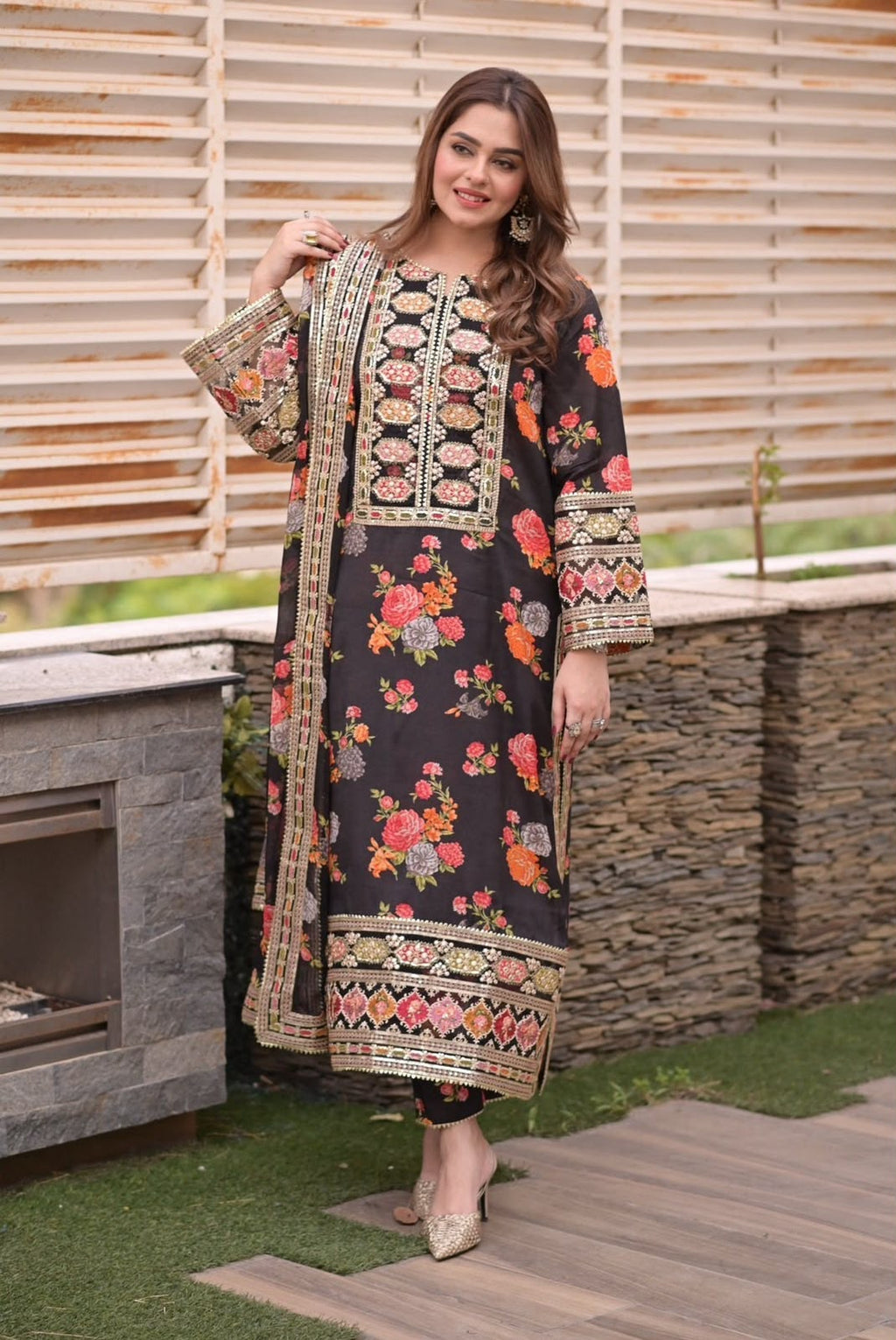 Aneela Mid Summer Silk Collection – Digital Print Embroidered 3 Piece Suit with Silk Dupatta
