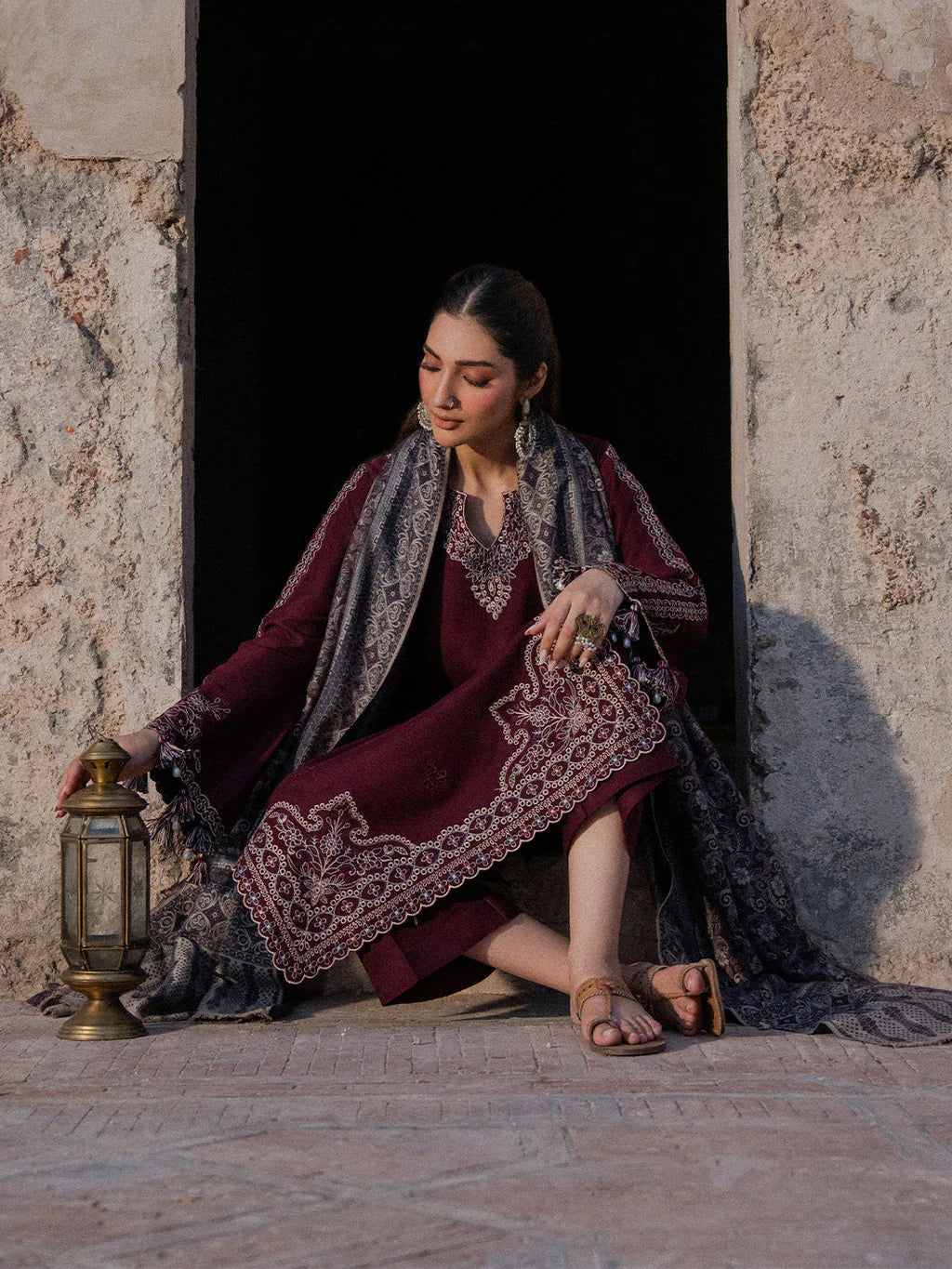 IZEL Dhanak Collection – Embroidered 3 Piece Suit with Printed Wool Shawl