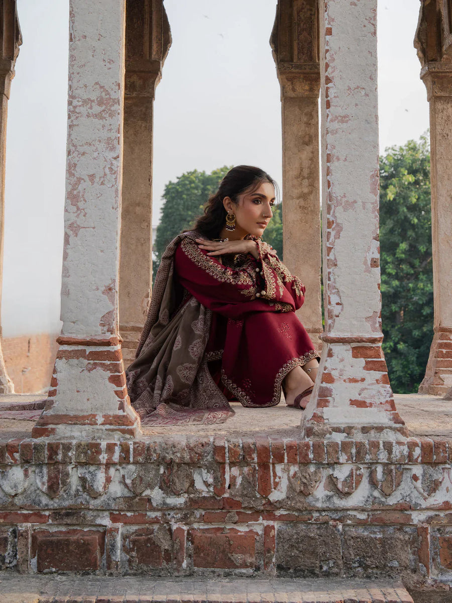IZEL Dhanak Collection – Embroidered 3 Piece Suit with Printed Wool Shawl
