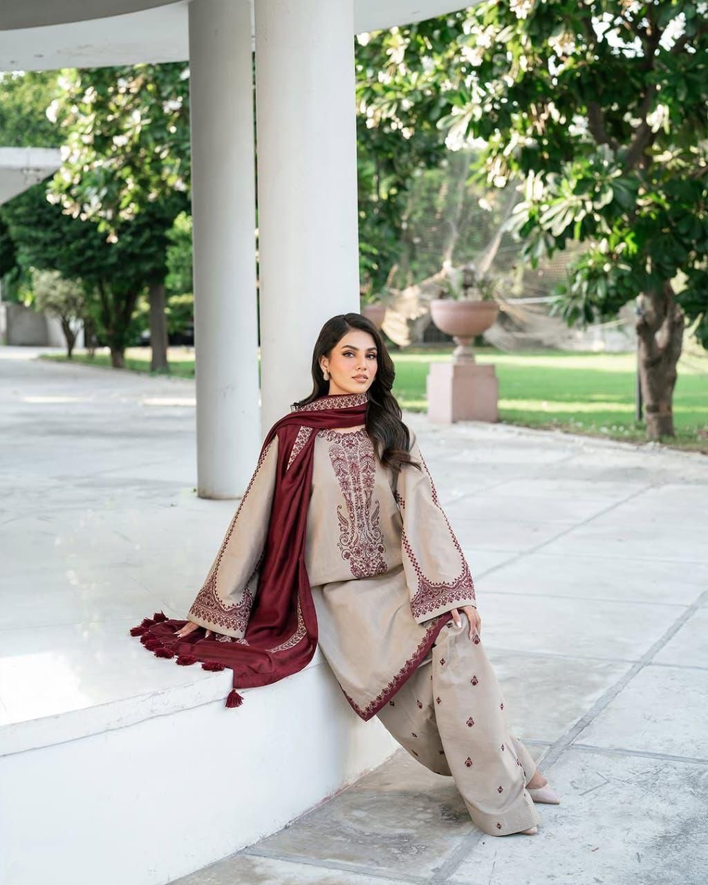 Baroque Dhanak Collection – Embroidered 3 Piece Suit with Printed Wool Shawl