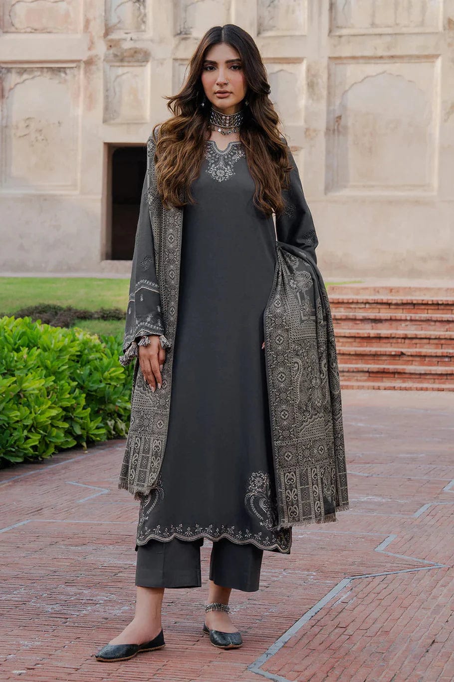 IZEL Dhanak Collection – Embroidered 3 Piece Suit with Printed Wool Shawl
