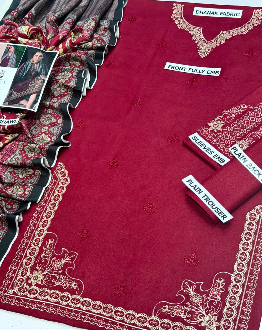 IZEL Dhanak Collection – Embroidered 3 Piece Suit with Printed Wool Shawl