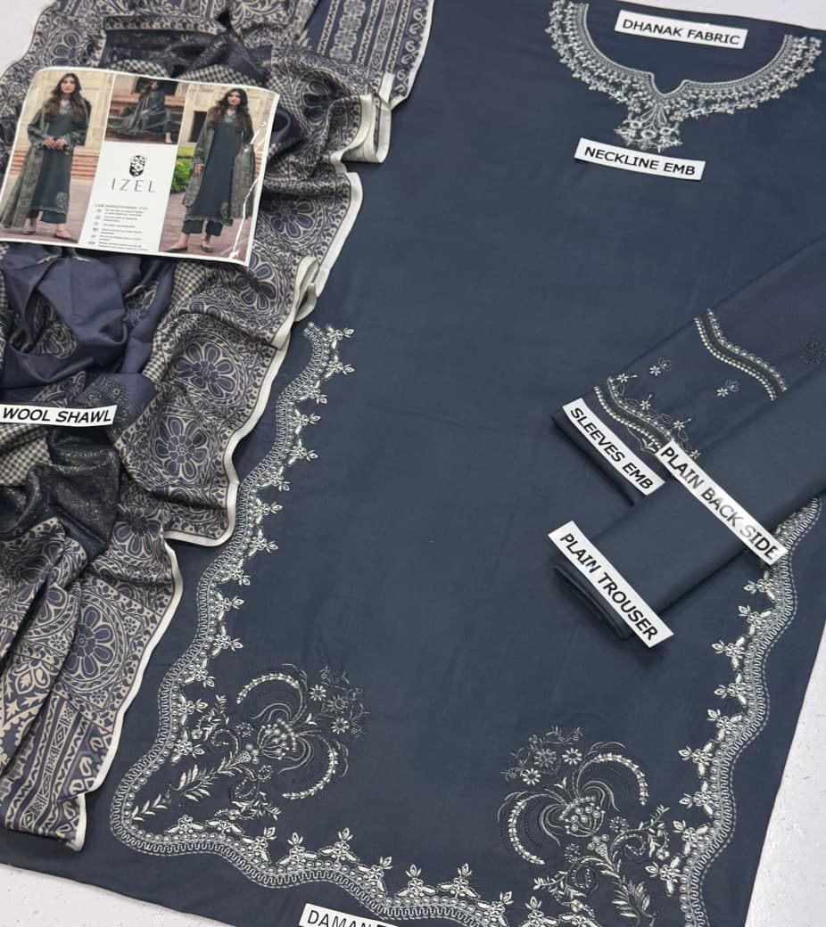 IZEL Dhanak Collection – Embroidered 3 Piece Suit with Printed Wool Shawl