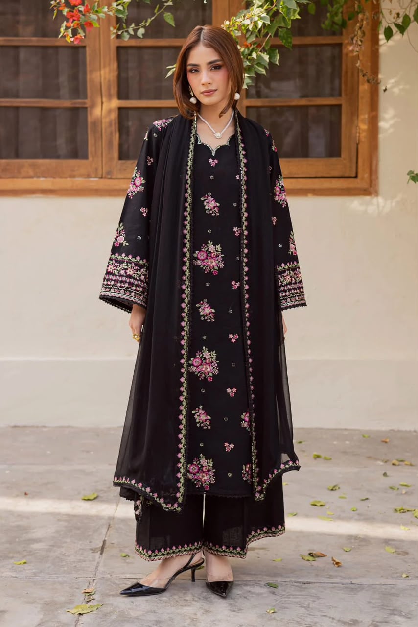 BLACK EMBROIDERED 3PC UNSTITCH