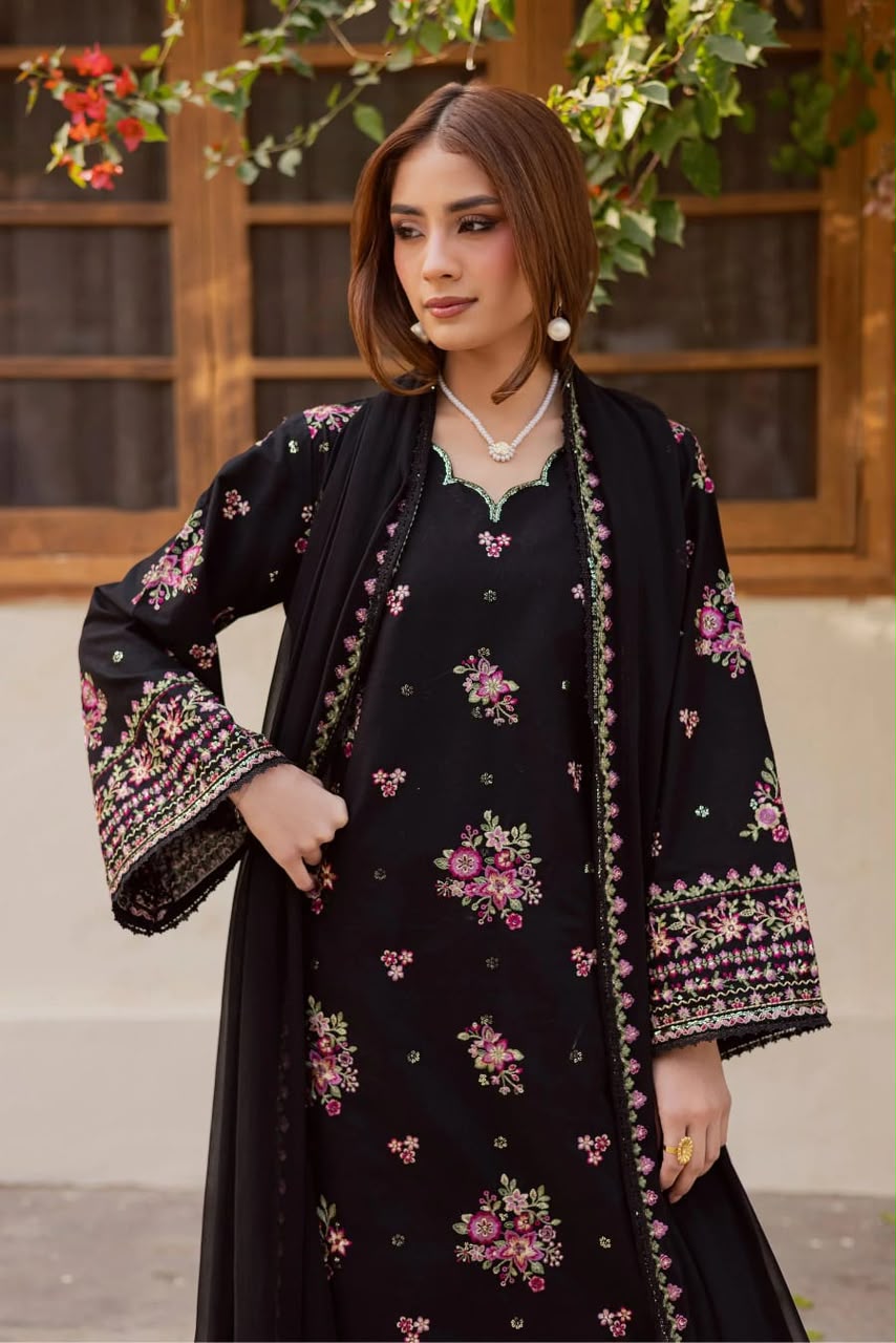 BLACK EMBROIDERED 3PC UNSTITCH