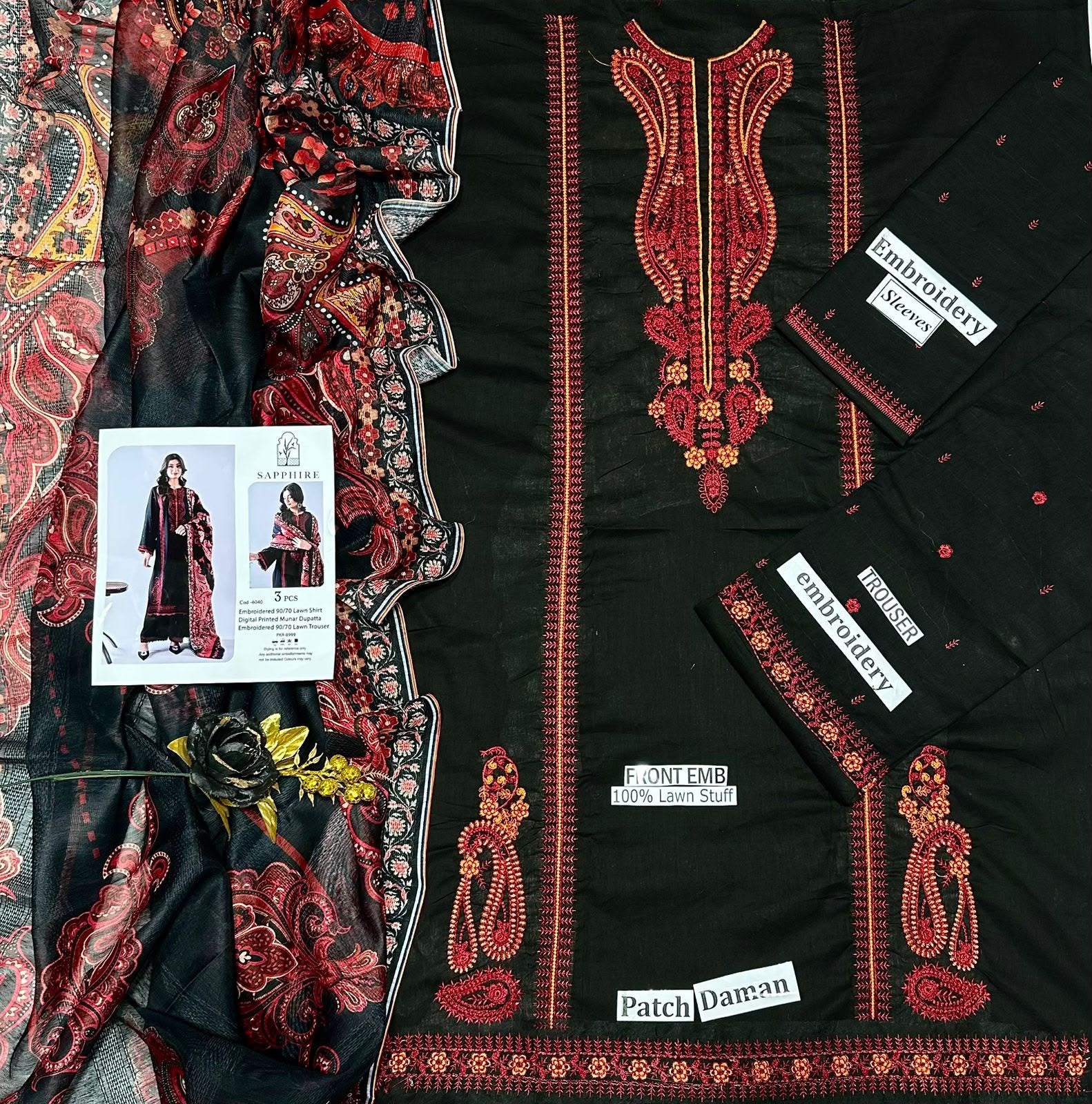 BLACK EMBROIDERED 3PC UNSTITCH