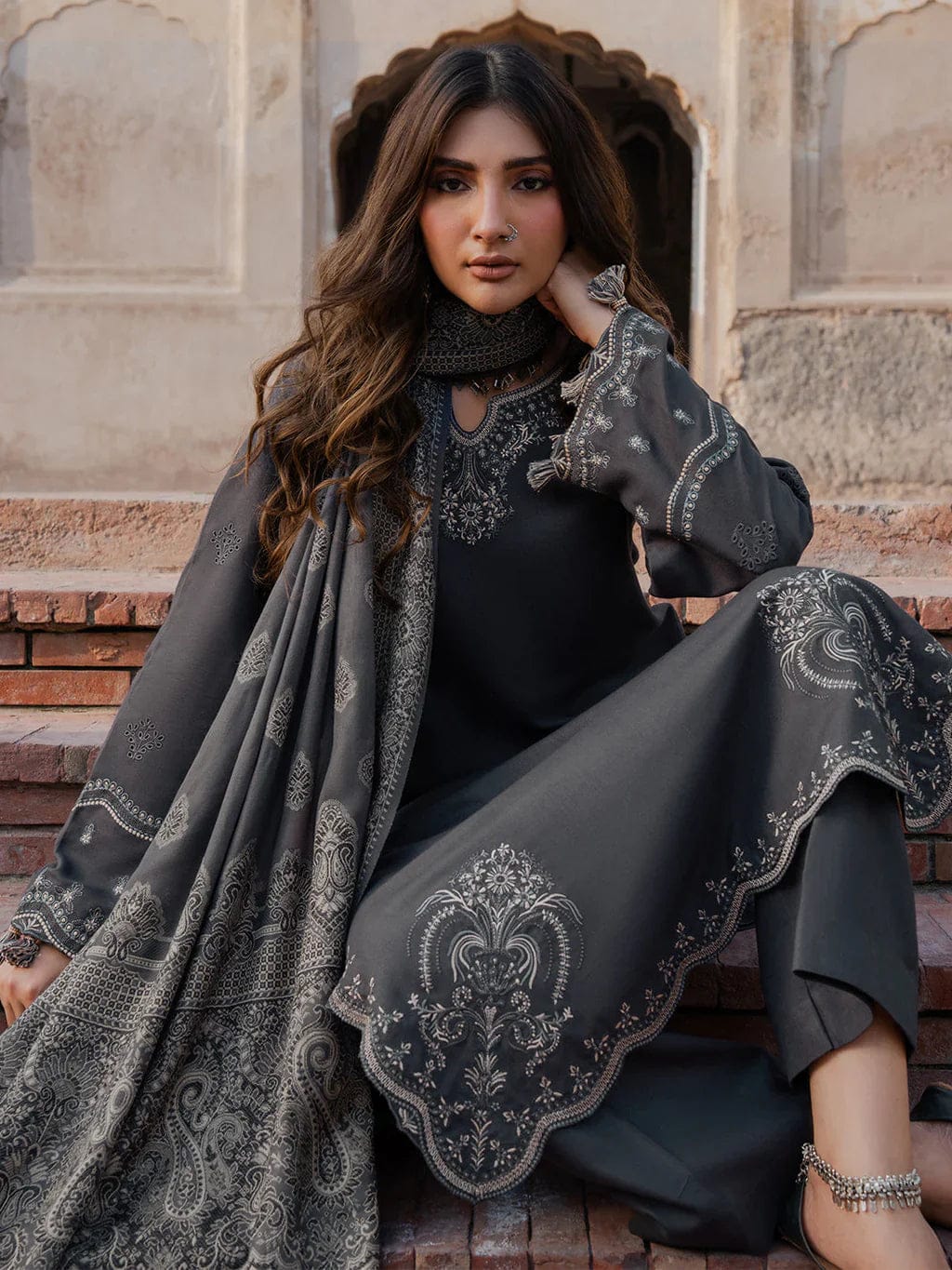 IZEL Dhanak Collection – Embroidered 3 Piece Suit with Printed Wool Shawl