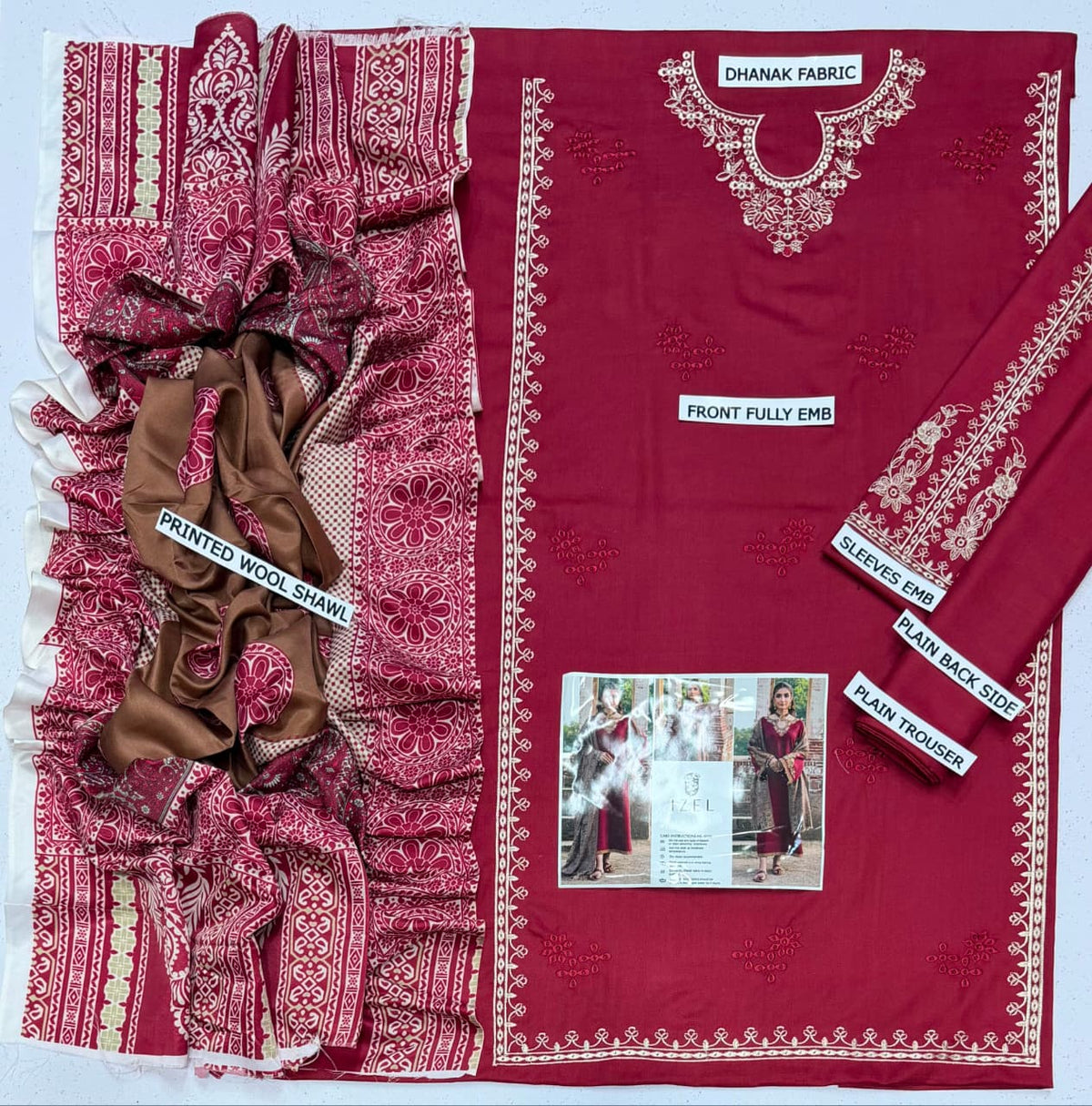 IZEL Dhanak Collection – Embroidered 3 Piece Suit with Printed Wool Shawl