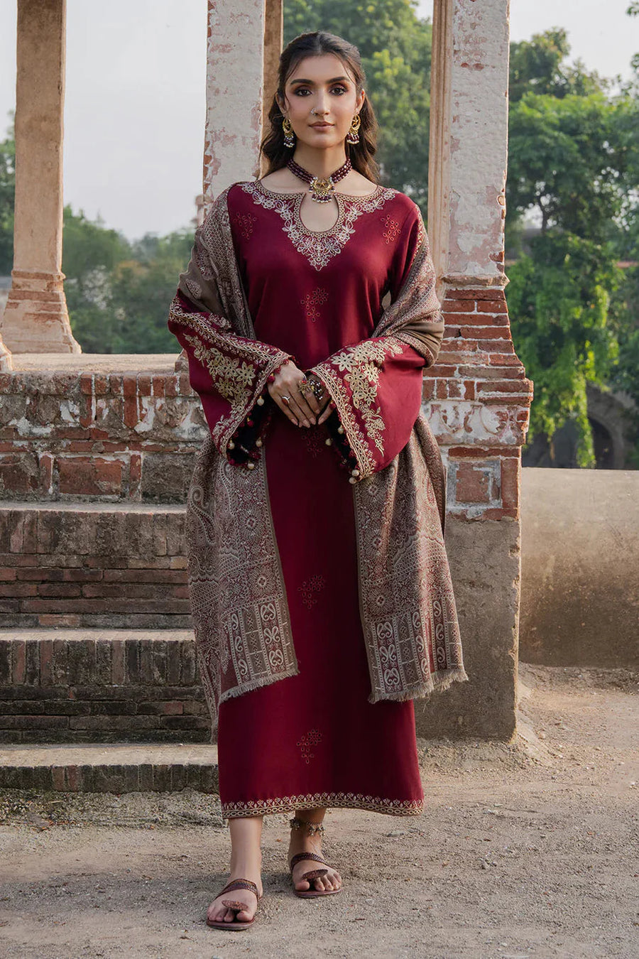 IZEL Dhanak Collection – Embroidered 3 Piece Suit with Printed Wool Shawl