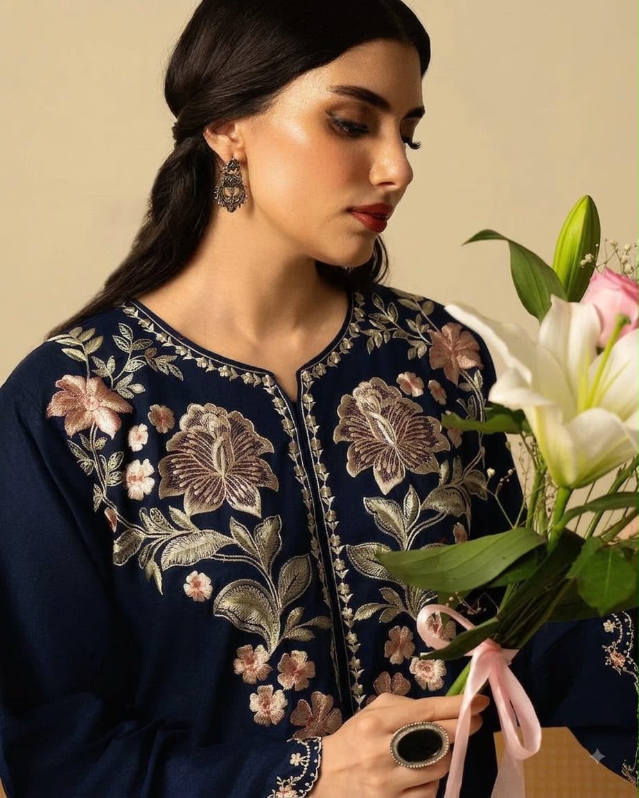 Elegance Redefined – Embroidered Pure Shamoze Silk 2 Piece Suit