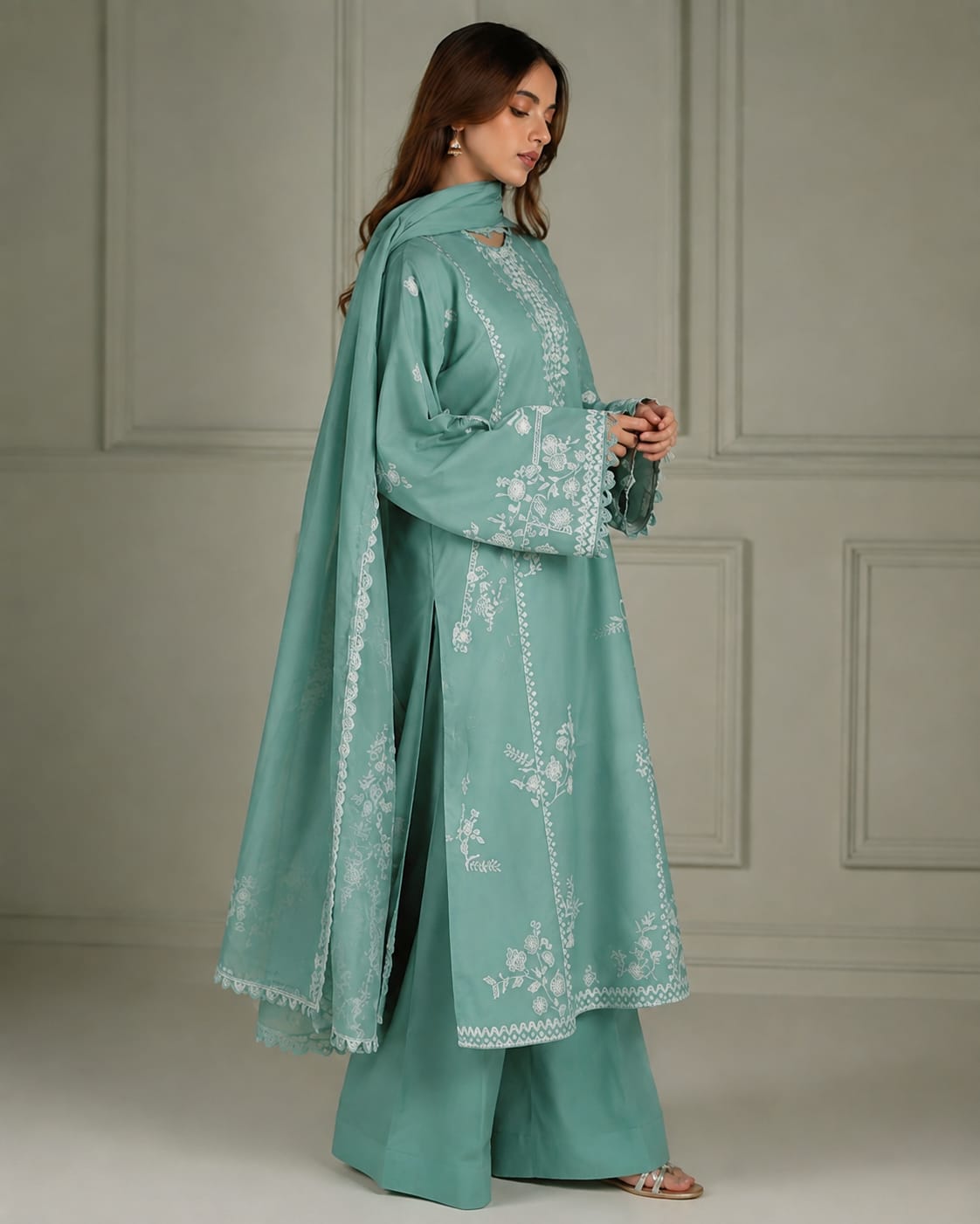 Cross Stitch Embroidered 3 Piece Suit with Dhanak Shawl