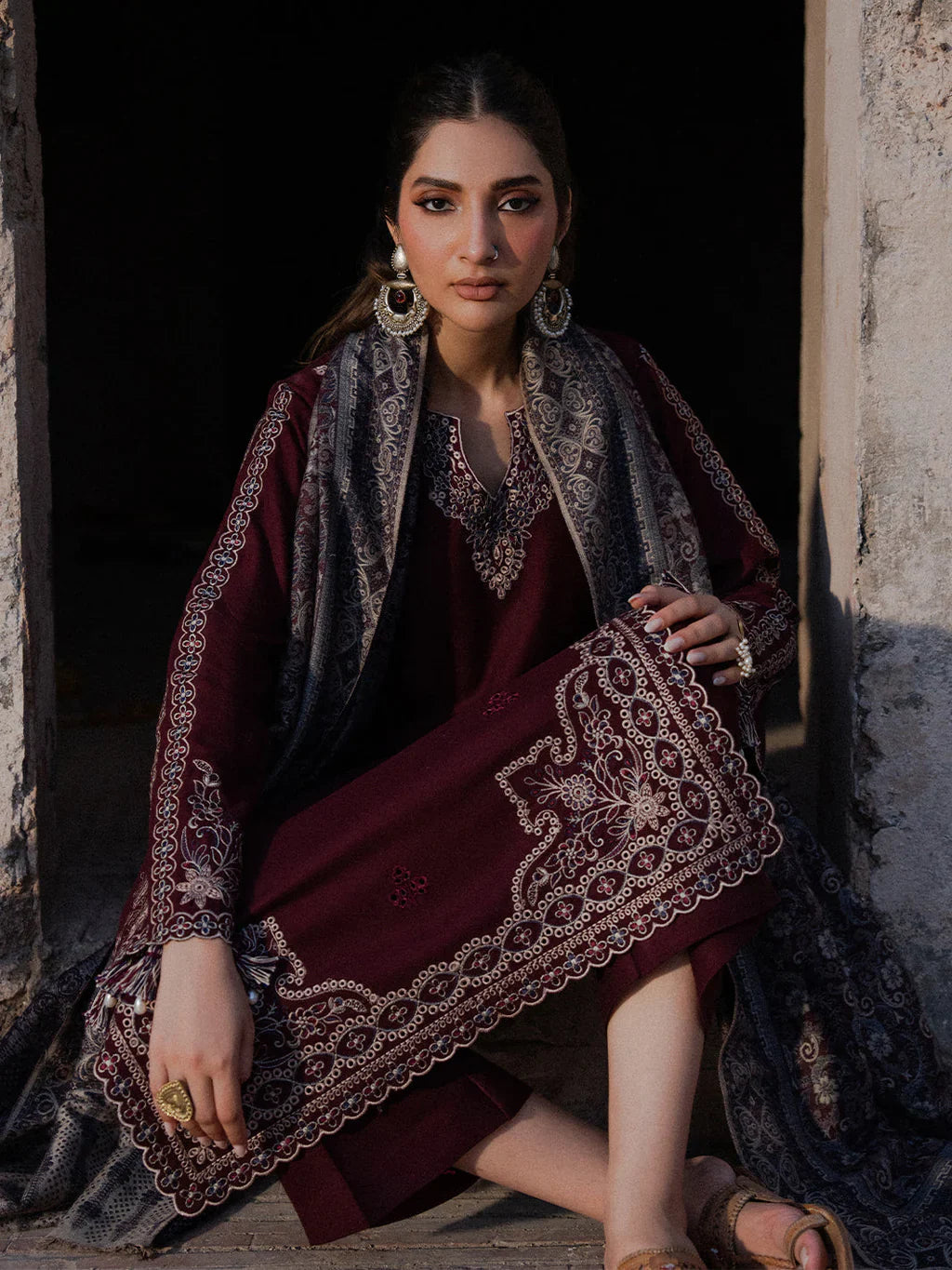 IZEL Dhanak Collection – Embroidered 3 Piece Suit with Printed Wool Shawl