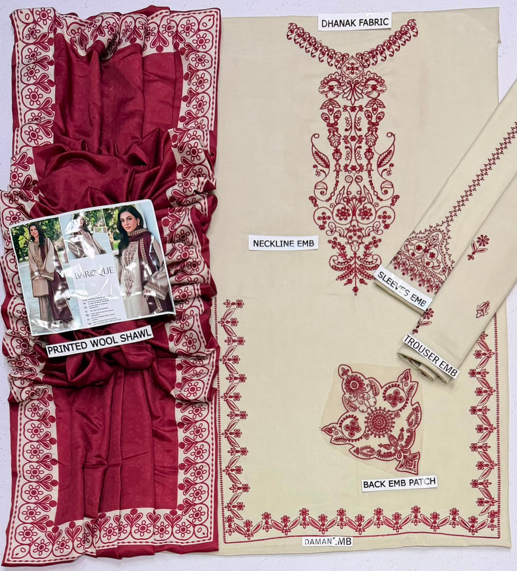 Baroque Dhanak Collection – Embroidered 3 Piece Suit with Printed Wool Shawl