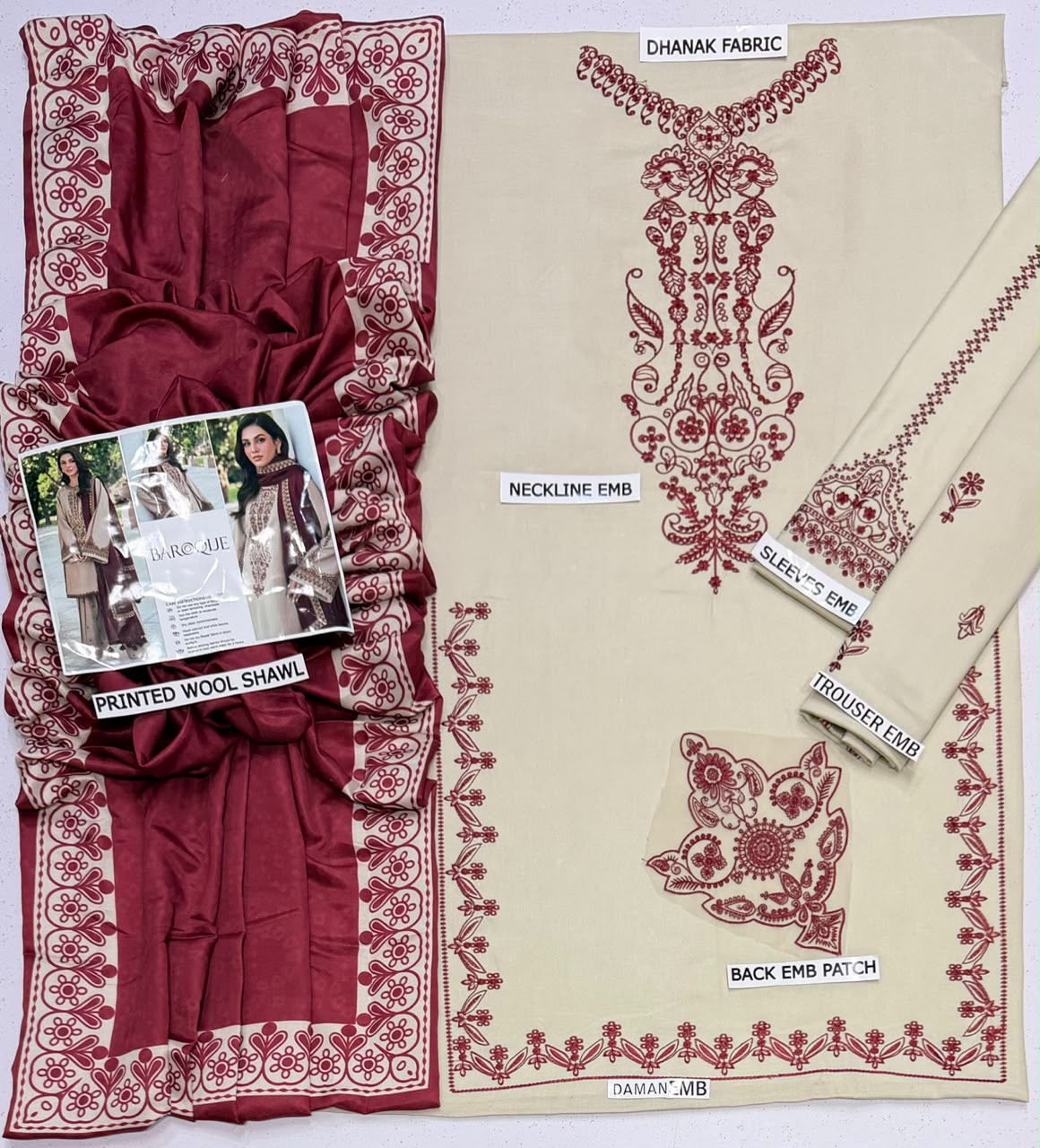 Baroque Dhanak Collection – Embroidered 3 Piece Suit with Printed Wool Shawl