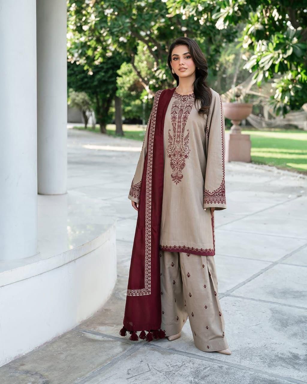 Baroque Dhanak Collection – Embroidered 3 Piece Suit with Printed Wool Shawl