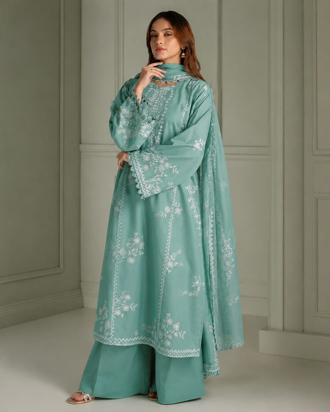 Cross Stitch Embroidered 3 Piece Suit with Dhanak Shawl