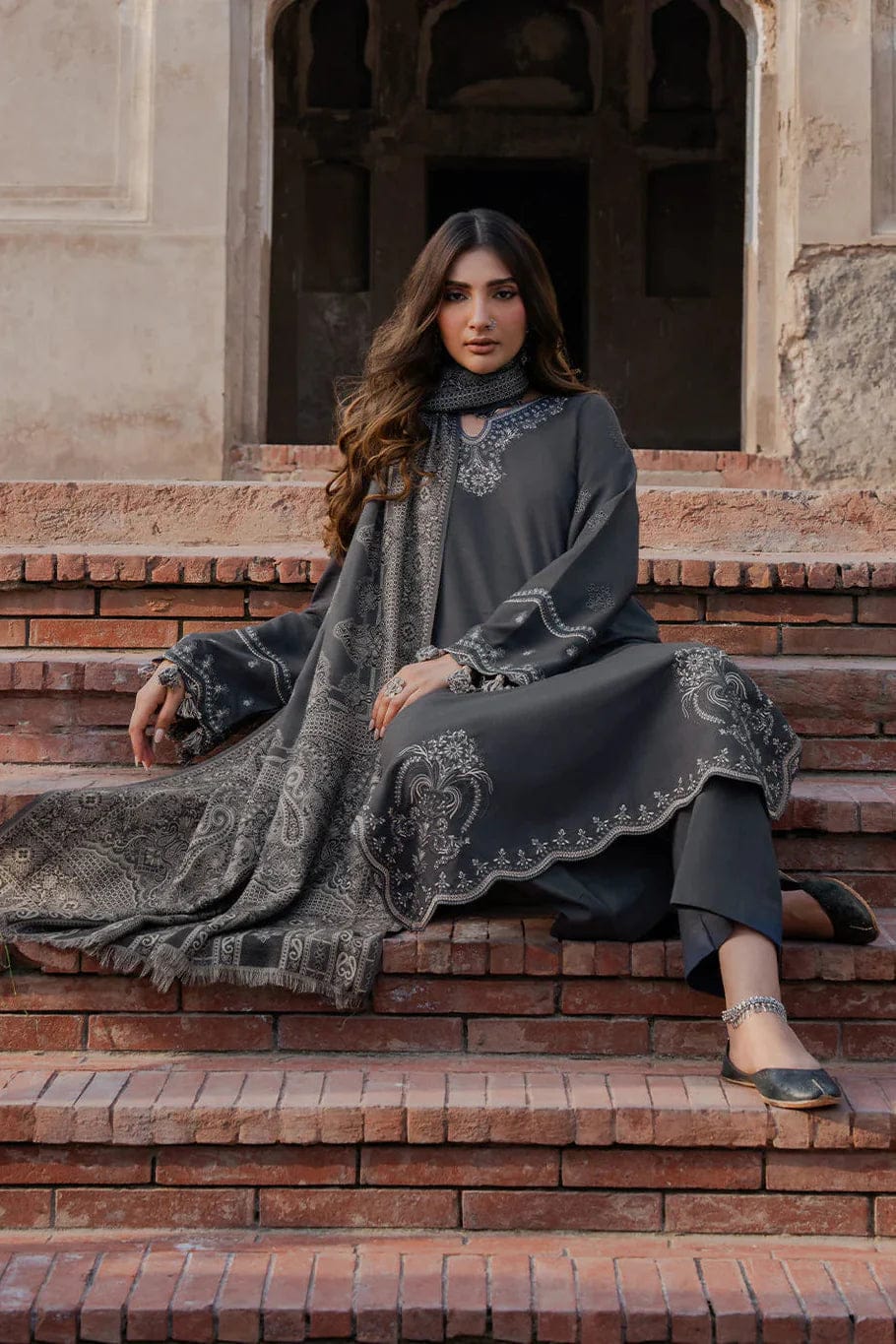 IZEL Dhanak Collection – Embroidered 3 Piece Suit with Printed Wool Shawl