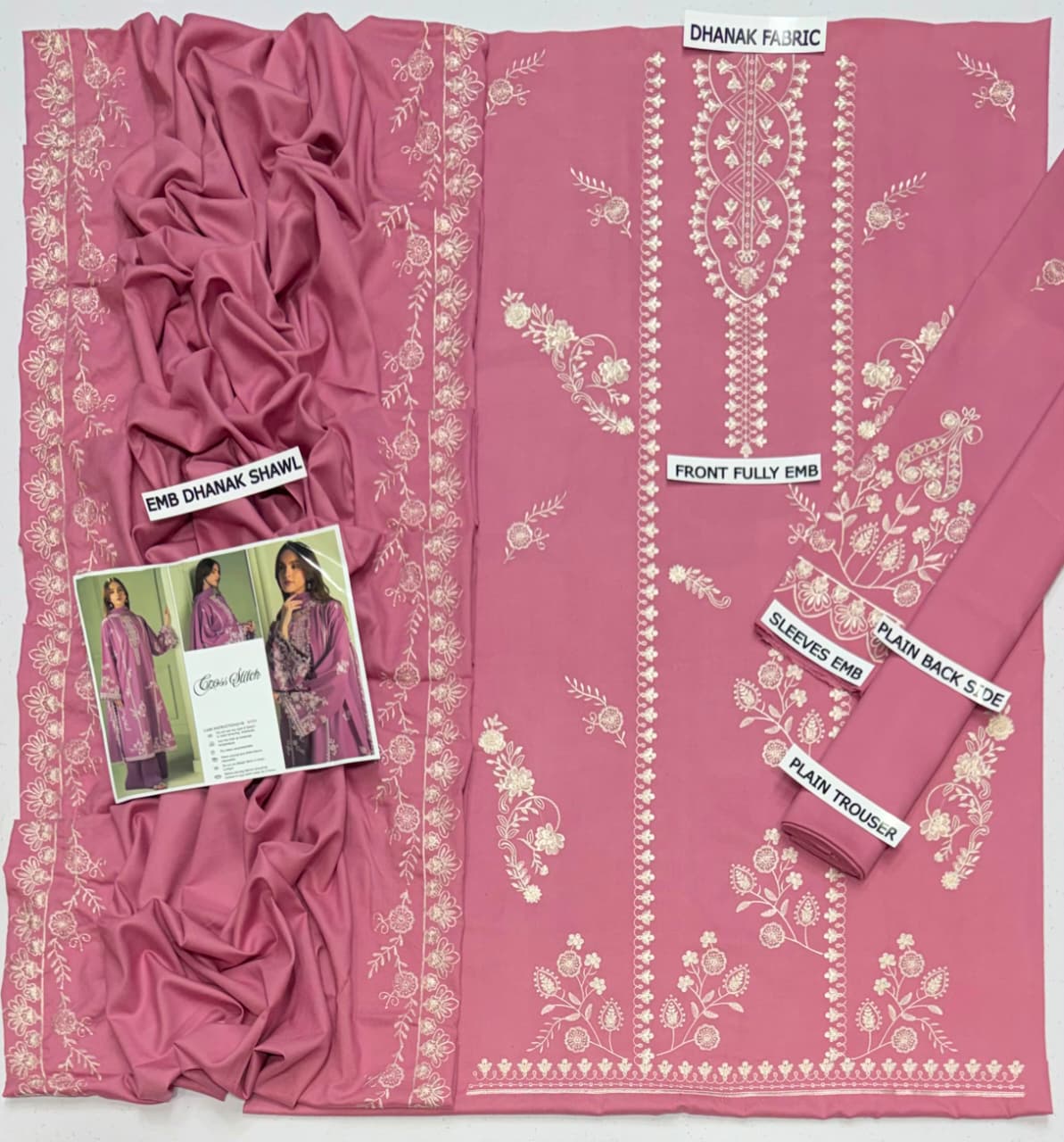 Cross Stitch Embroidered 3 Piece Suit with Dhanak Shawl