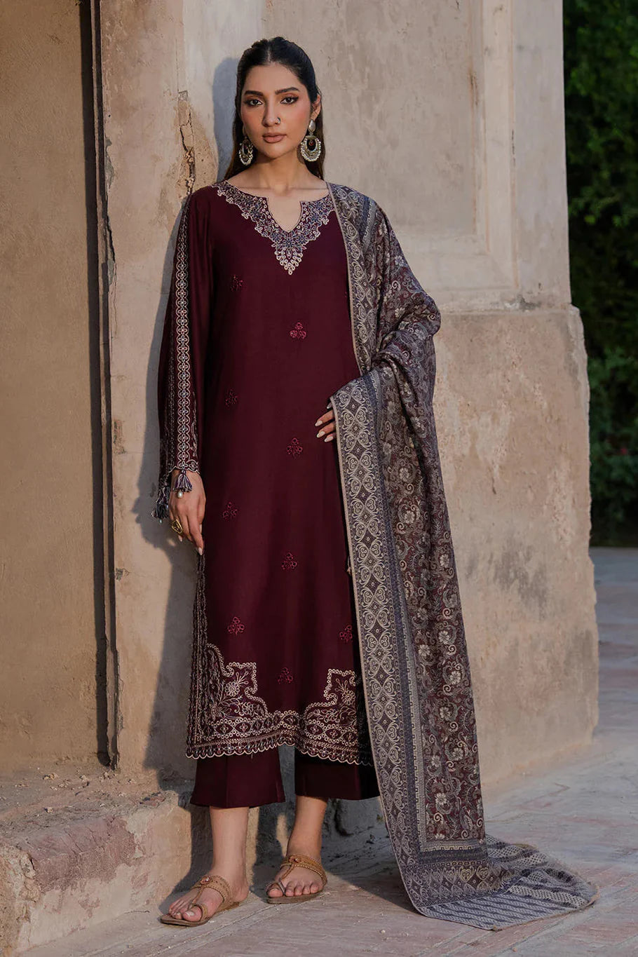 IZEL Dhanak Collection – Embroidered 3 Piece Suit with Printed Wool Shawl