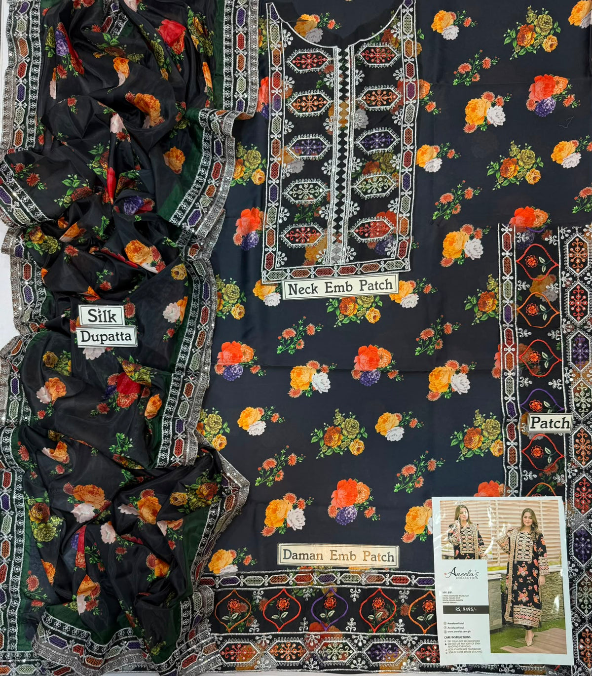 Aneela Mid Summer Silk Collection – Digital Print Embroidered 3 Piece Suit with Silk Dupatta