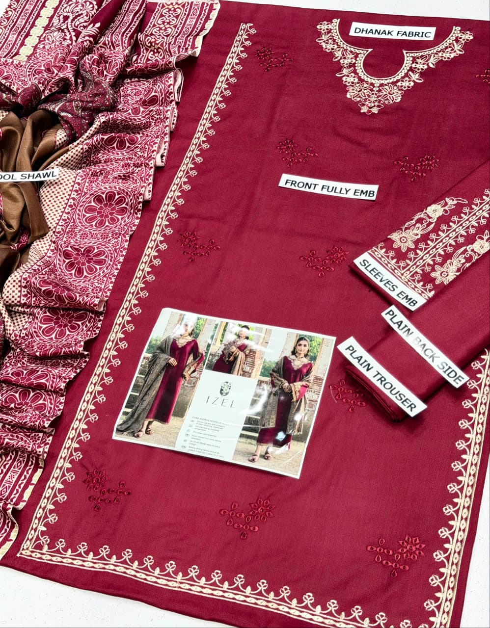 IZEL Dhanak Collection – Embroidered 3 Piece Suit with Printed Wool Shawl