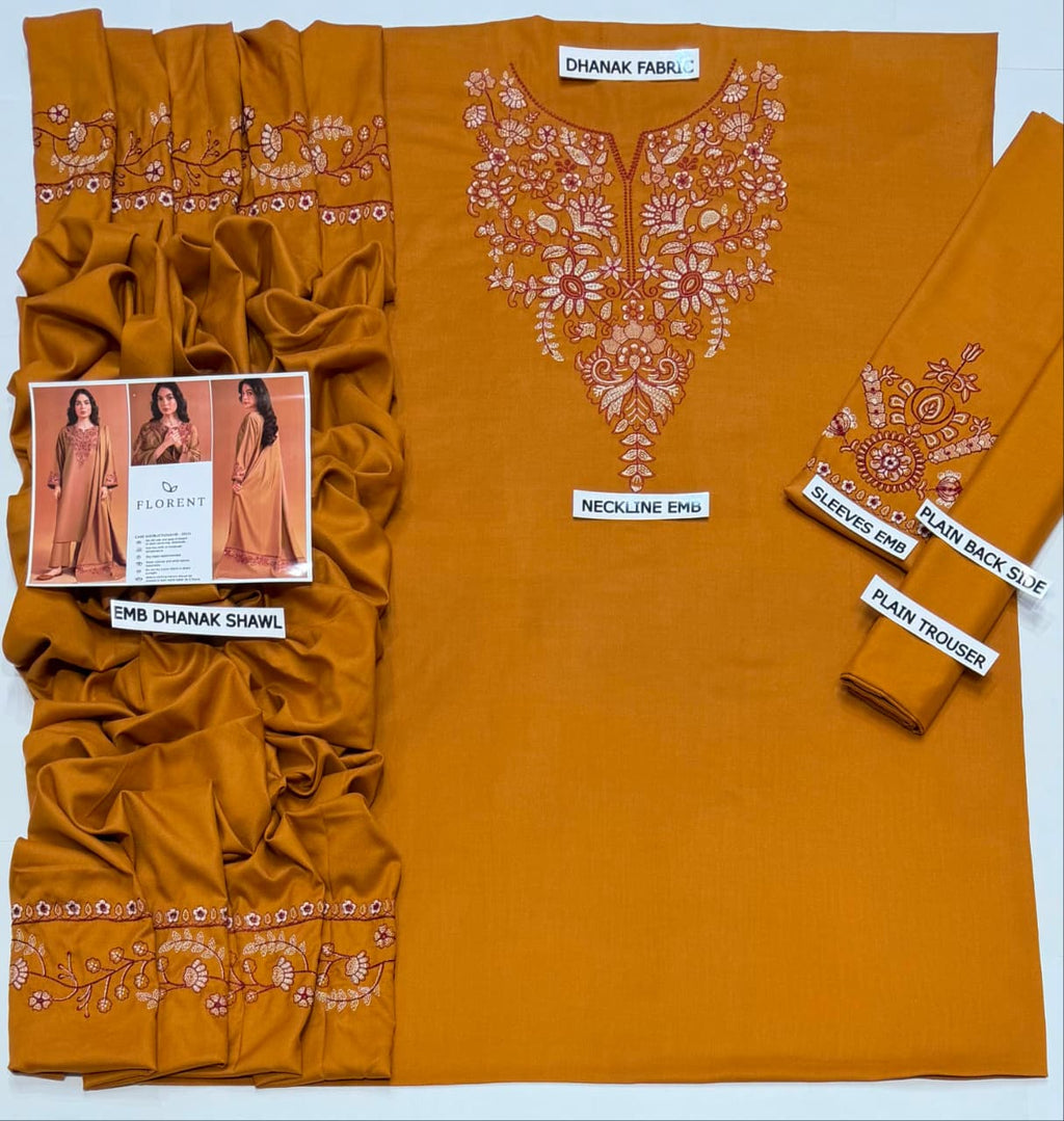Florent Embroidered 3 Piece Suit with Dhanak Shawl