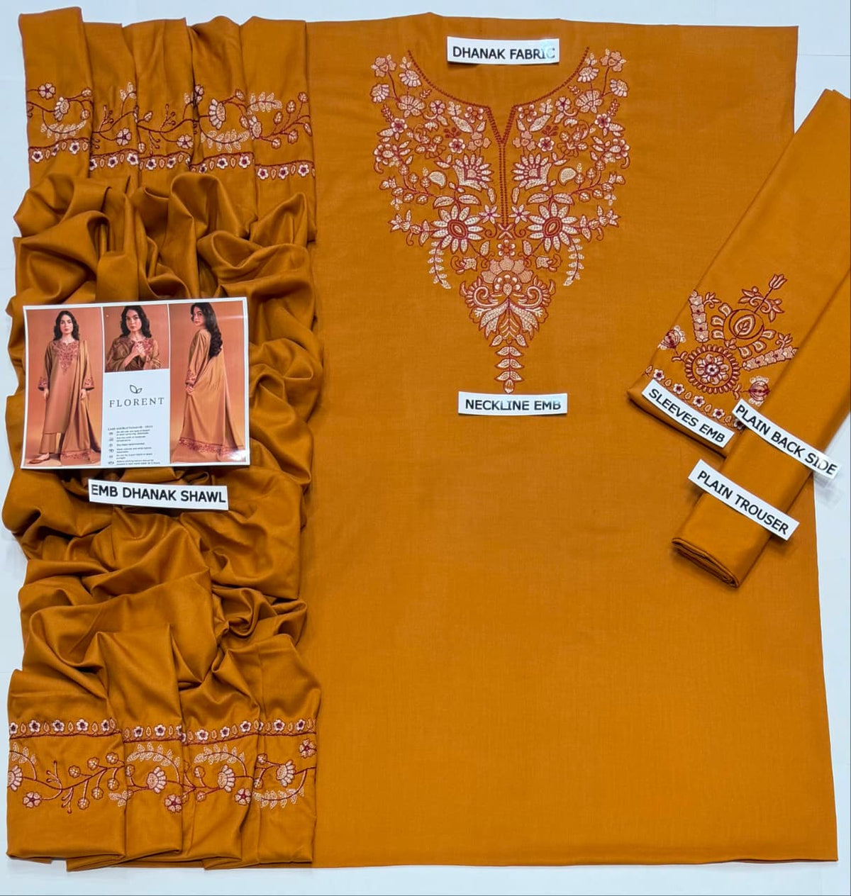 Florent Embroidered 3 Piece Suit with Dhanak Shawl